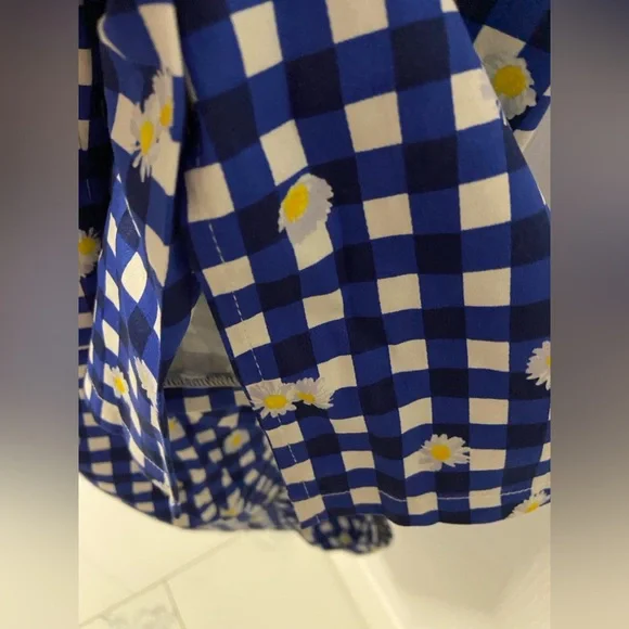 T34a- COLLECTIF LONDON Blue-White GINGHAM Plaid DAISIES Midi DEMIRA Sheath Dress - Picture 6 of 10